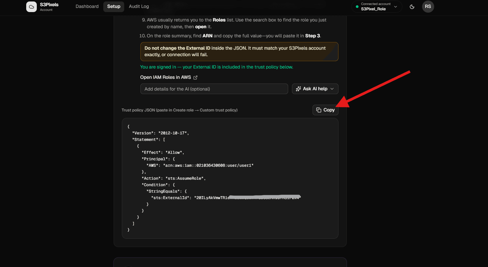 Step 11: Trust policy from S3Pixels